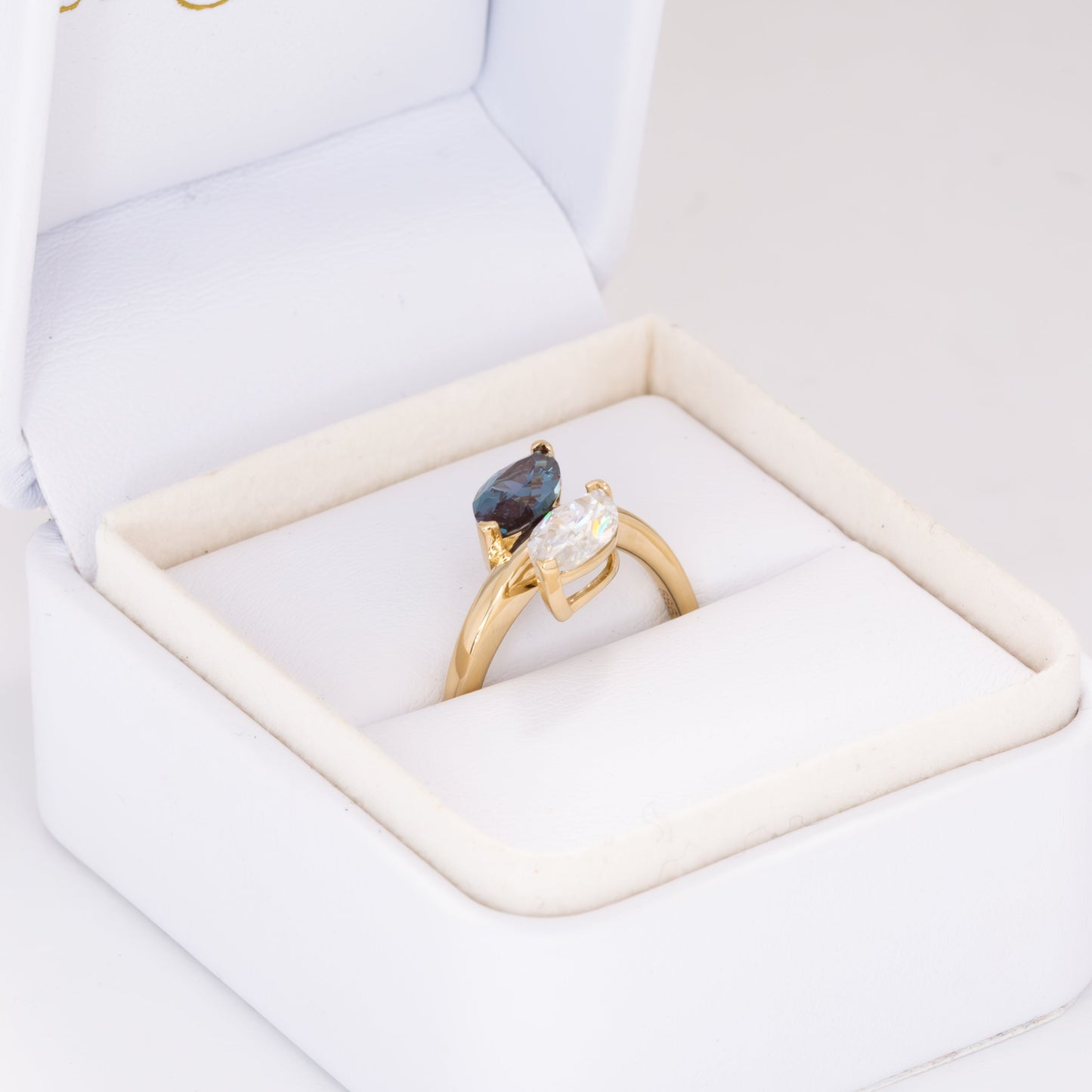 toi et moi ring with lab alexandrite and white moissanite marquise
