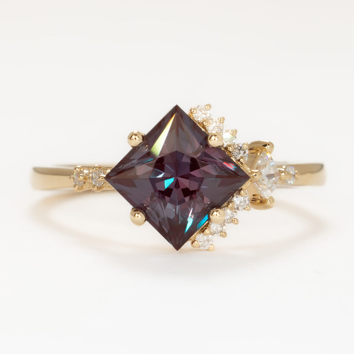 tracy accented ring in yellow gold with princess cut lab alexandrite