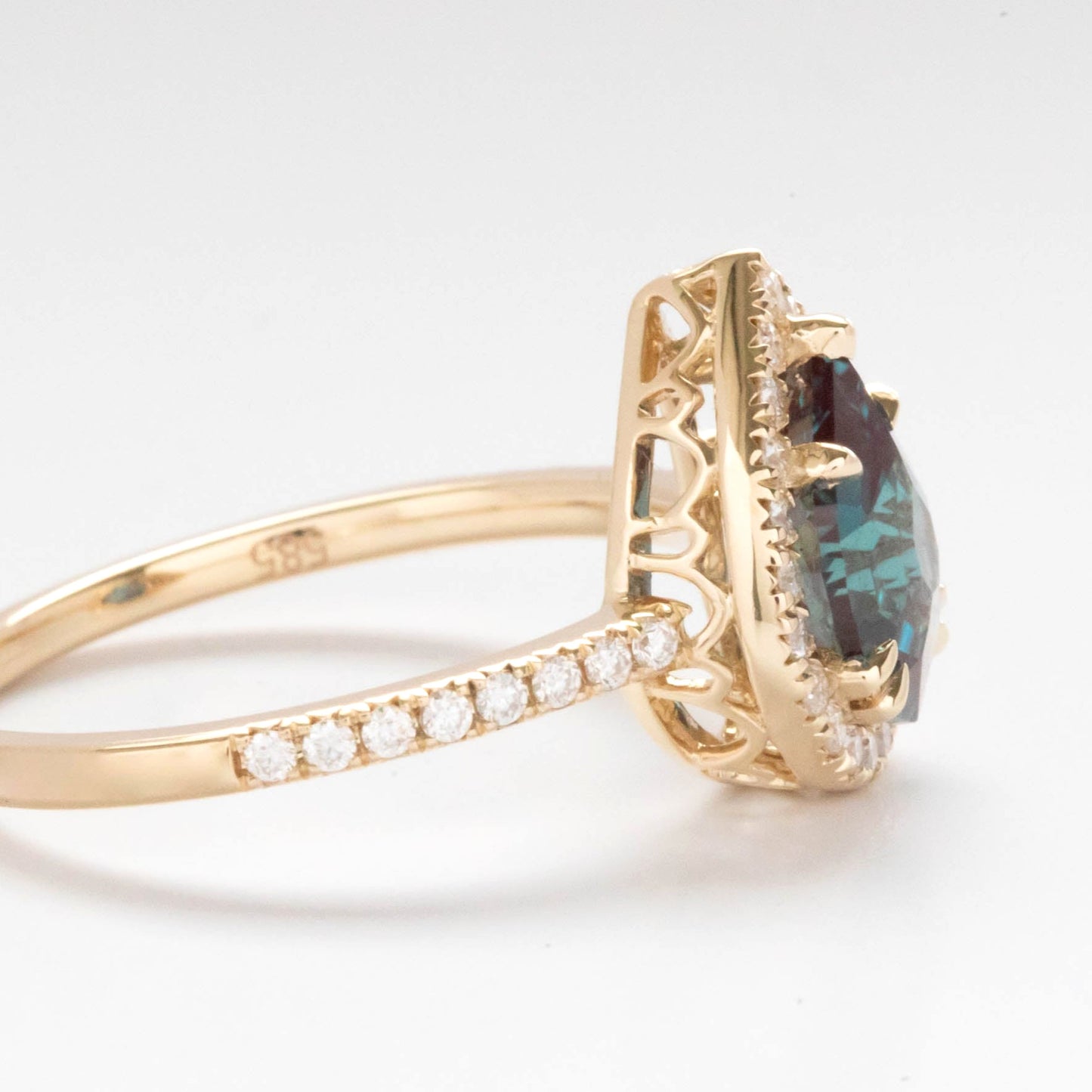 vanessa halo ring with pear lab alexandrite
