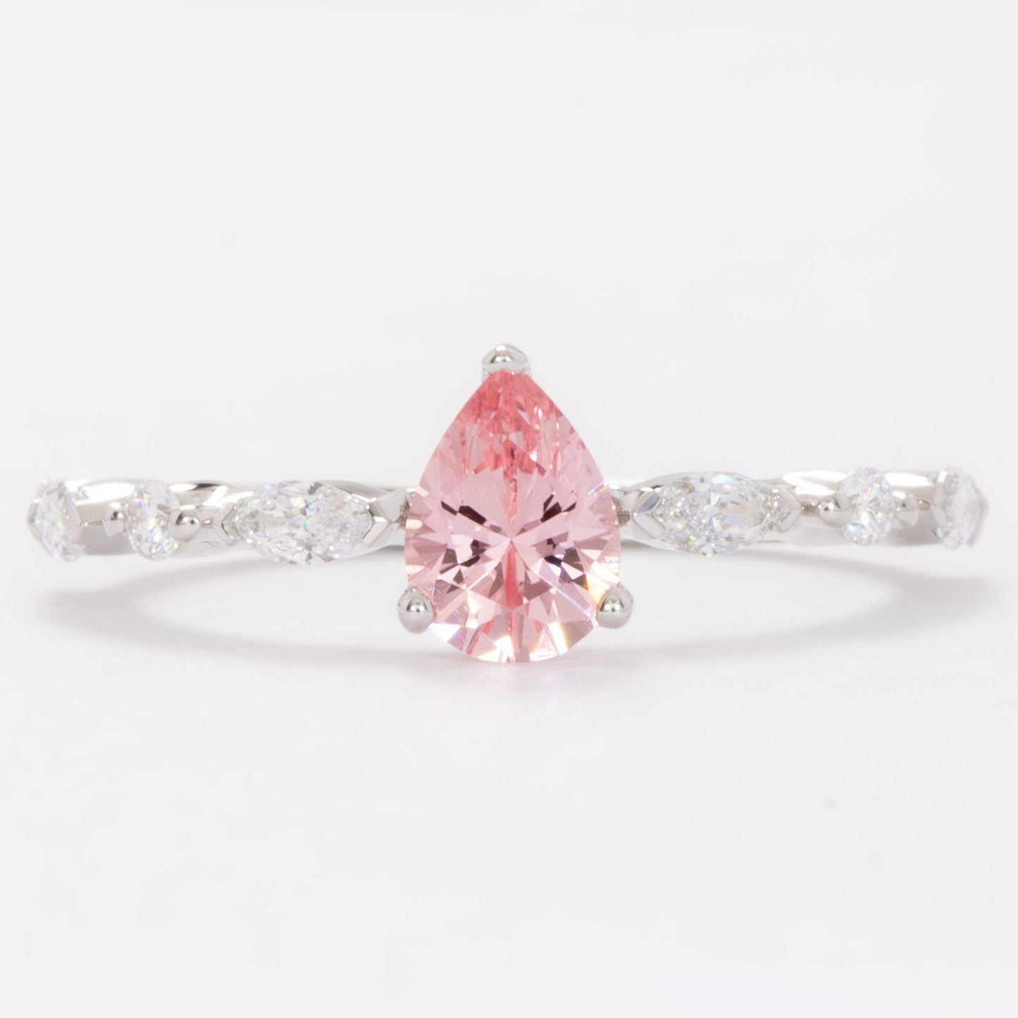 wren engagement ring in white gold with pink pear lab sapphire