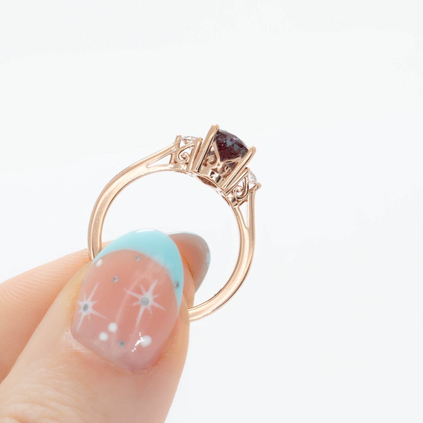 Carina three stone engagement ring with pear lab alexandrite