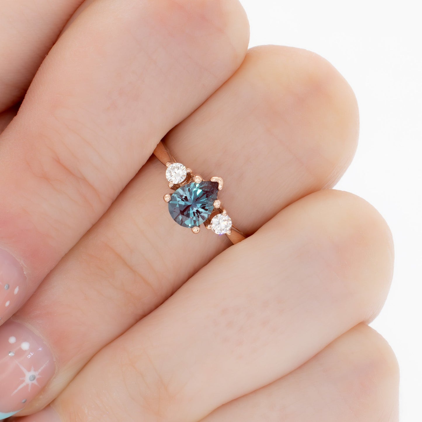 Carina three stone engagement ring with pear lab alexandrite