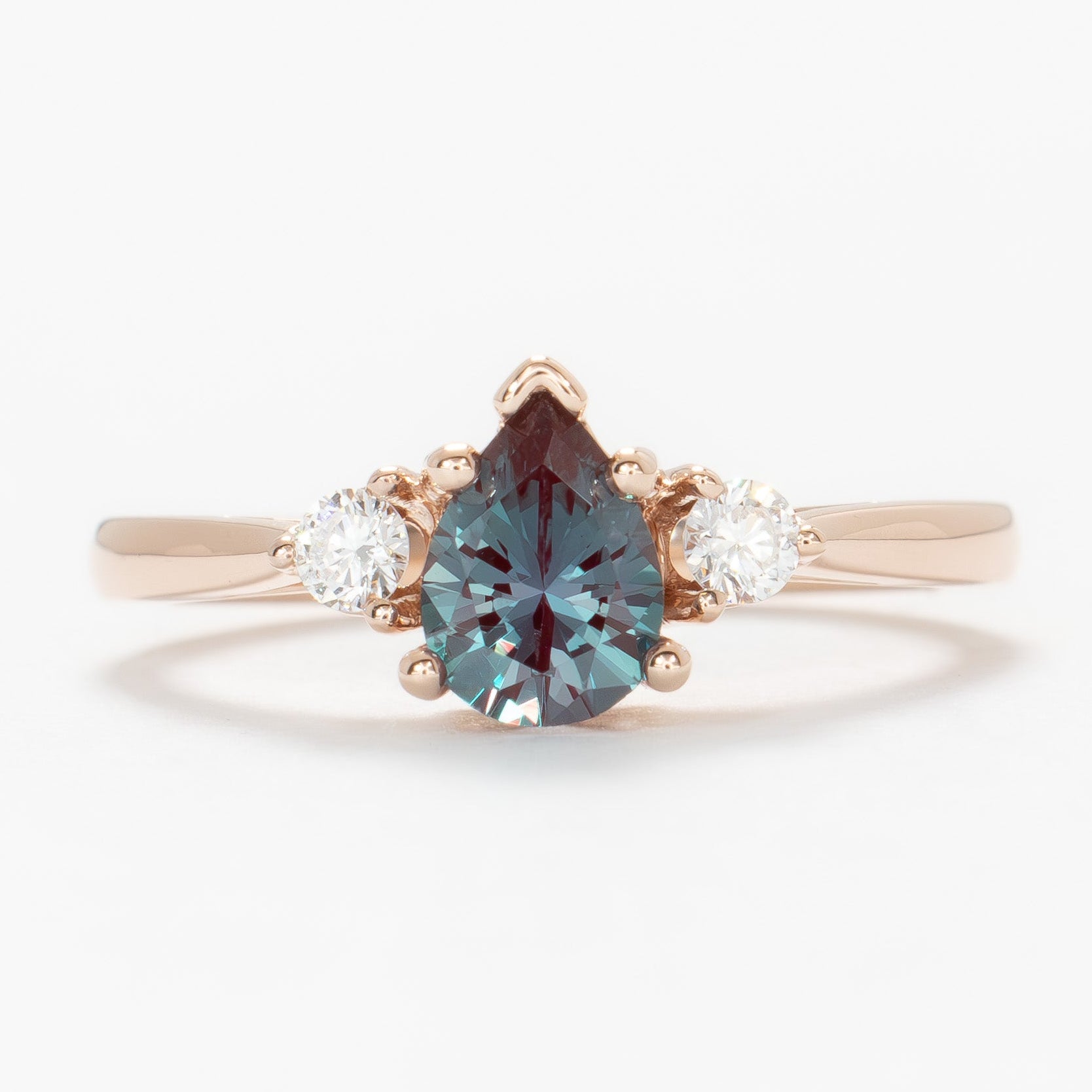 Carina three stone engagement ring with pear lab alexandrite