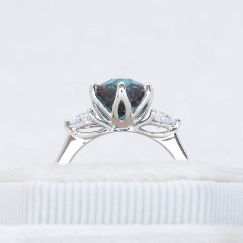 Fiona three stone engagement ring with hex cut alexandrite