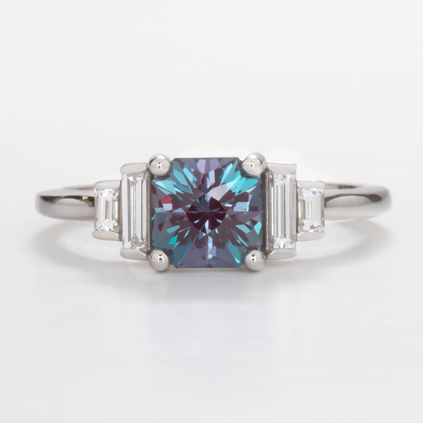 Journey five stone ring with asscher lab alexandrite