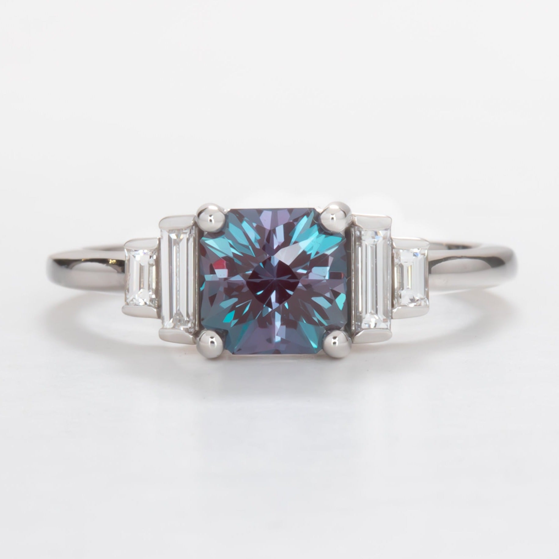 Journey five stone ring with asscher lab alexandrite
