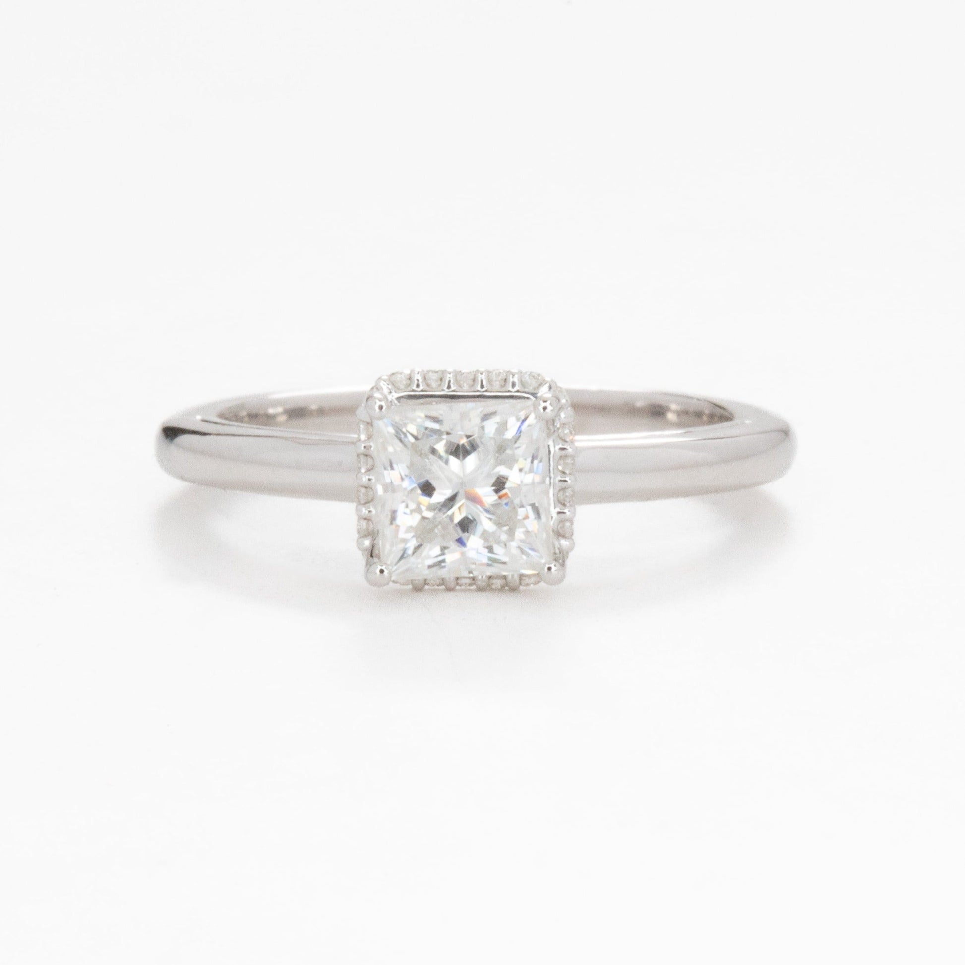 Juni engagement ring with hidden halo and princess moissanite