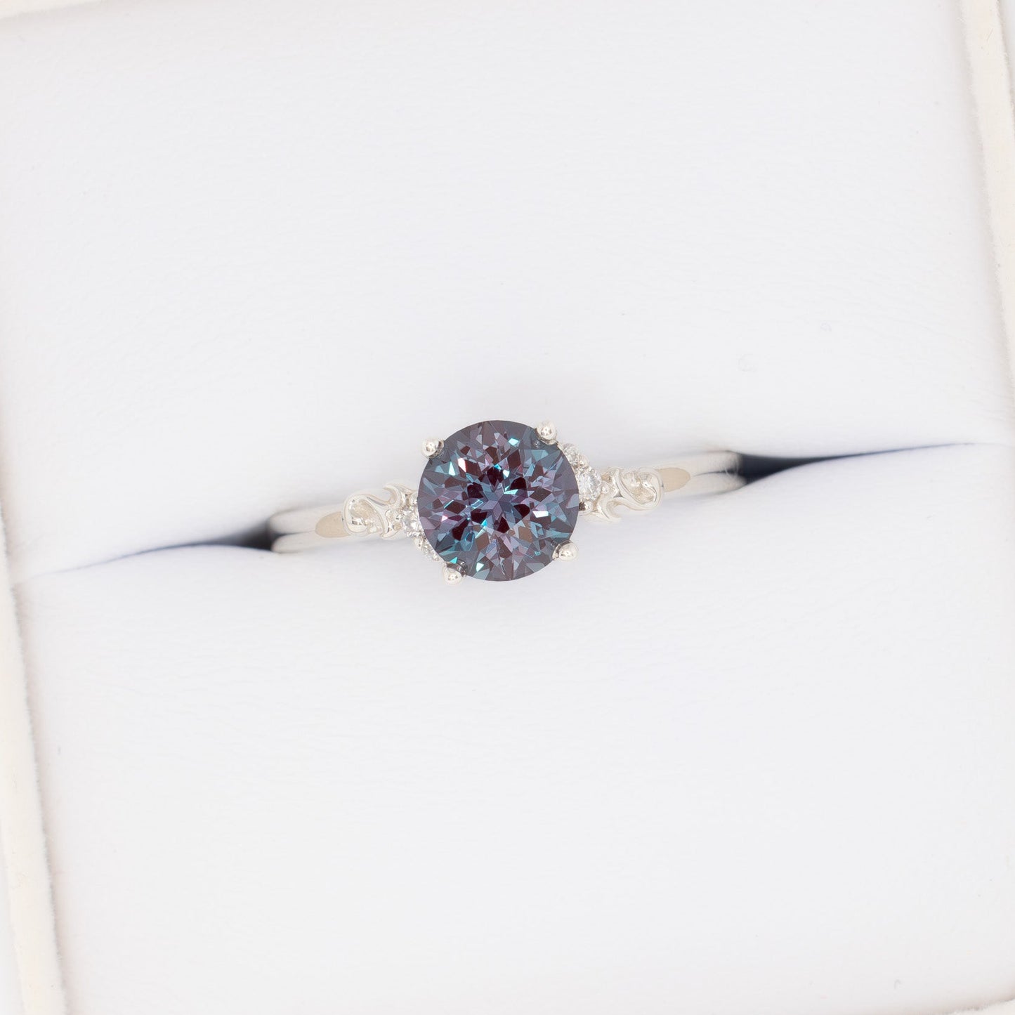 Nellie nature inspired engagement ring with round lab alexandrite