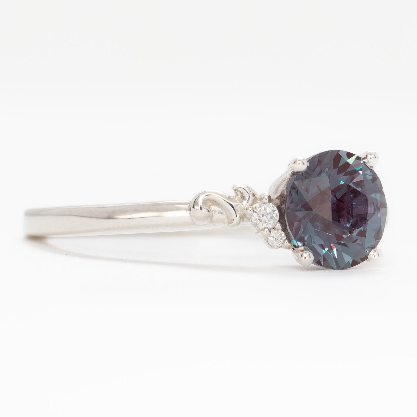 Nellie nature inspired engagement ring with round lab alexandrite