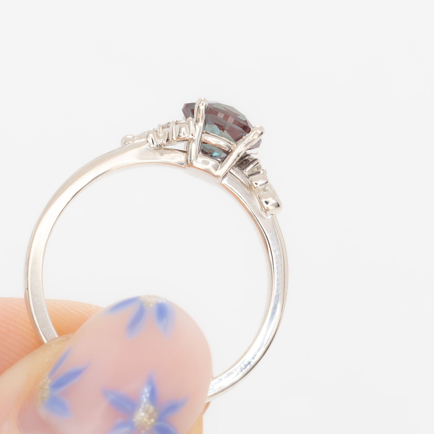 Nellie nature inspired engagement ring with round lab alexandrite