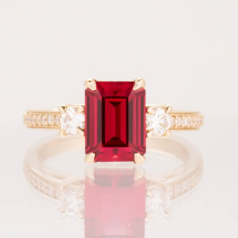 Oriane engagement ring with step cut lab ruby