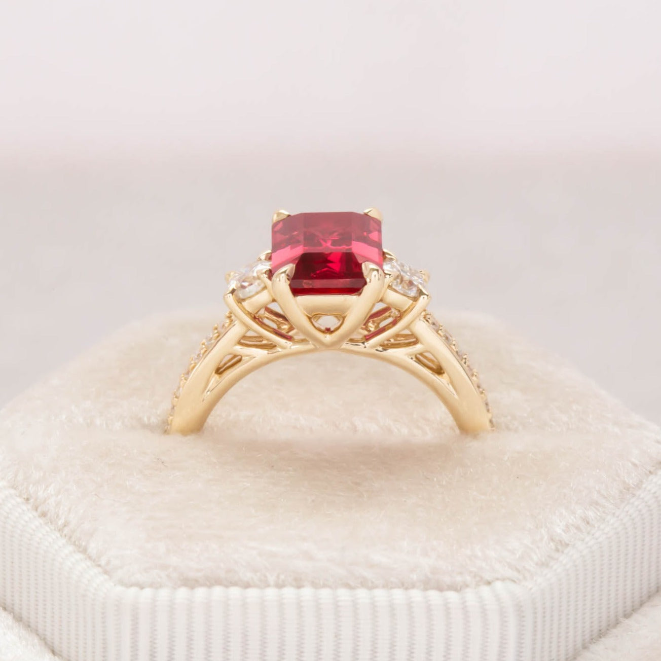 Oriane engagement ring with step cut lab ruby
