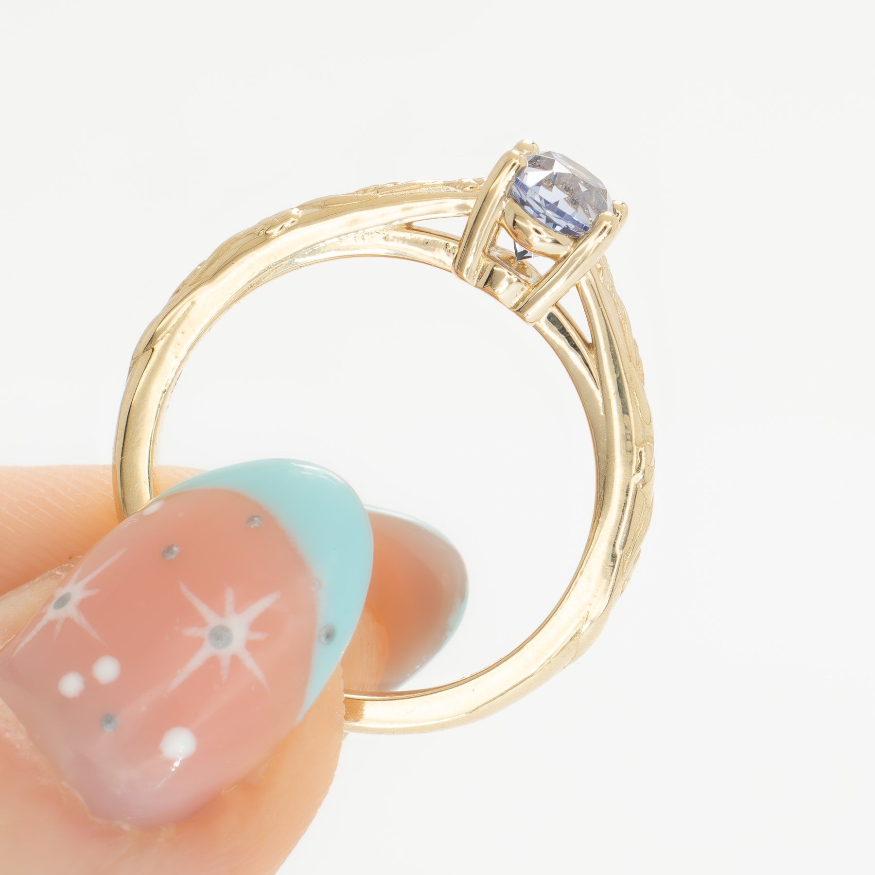 Shelby nature inspired wedding set with oval light blue lab sapphire