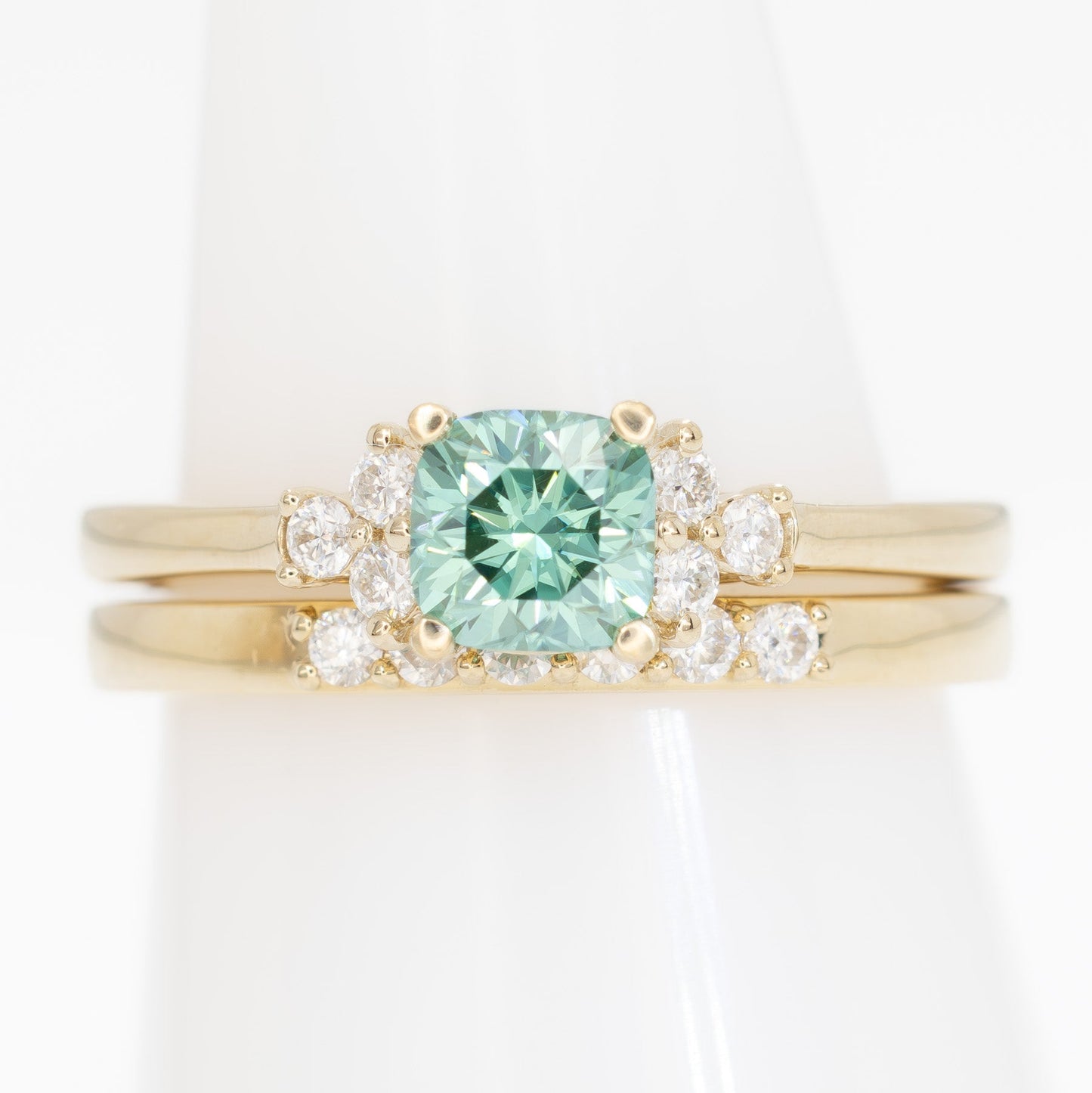 cynthia engagement ring with green moissanite cushion in yellow gold