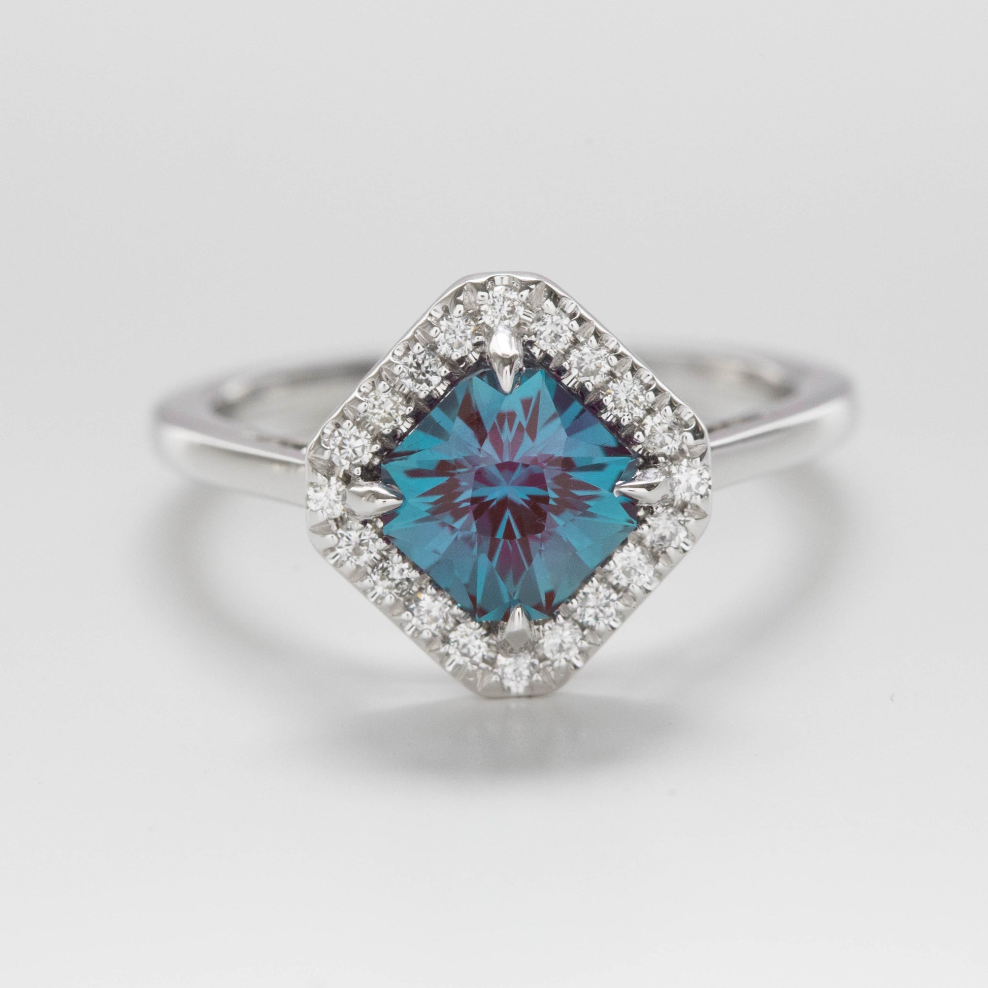 diamond set asscher alexandrite halo engagement ring
