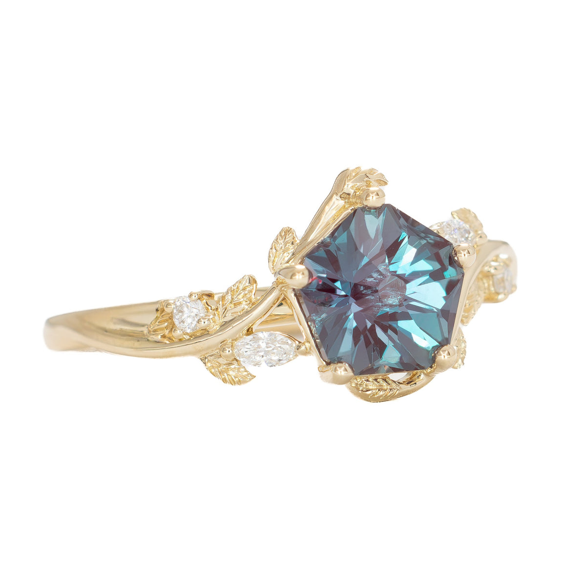 airam nature inspired ring in yellow gold with hanami flower lab alexandrite