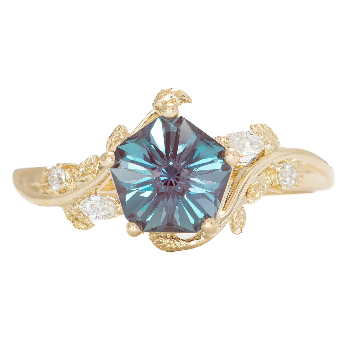 airam nature inspired ring in yellow gold with hanami flower lab alexandrite