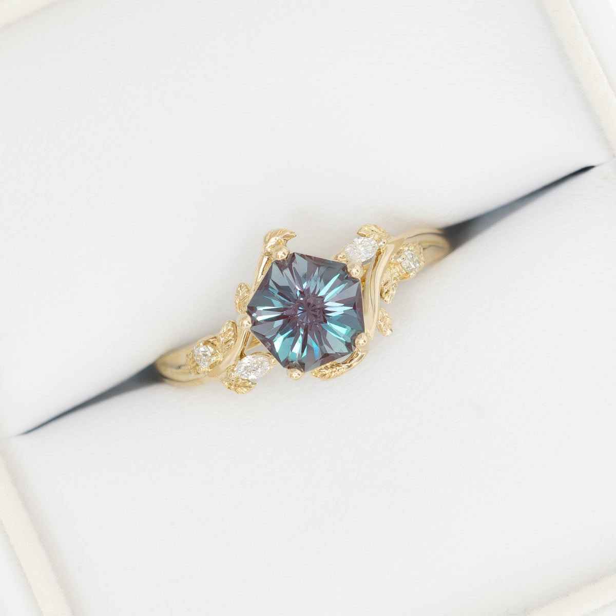 airam nature inspired ring in yellow gold with hanami flower lab alexandrite