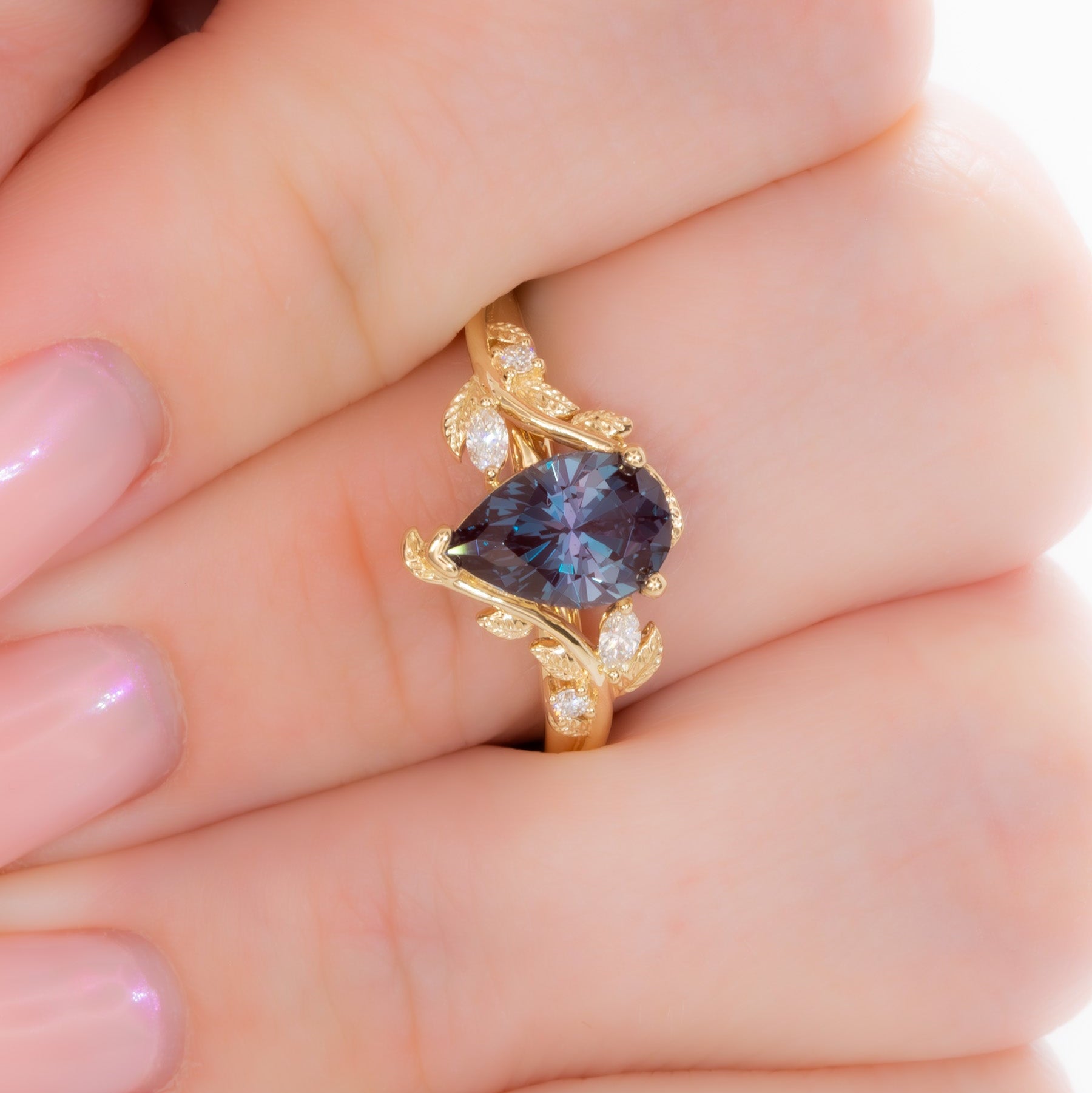 airam nature inspired ring with pear lab alexandrite