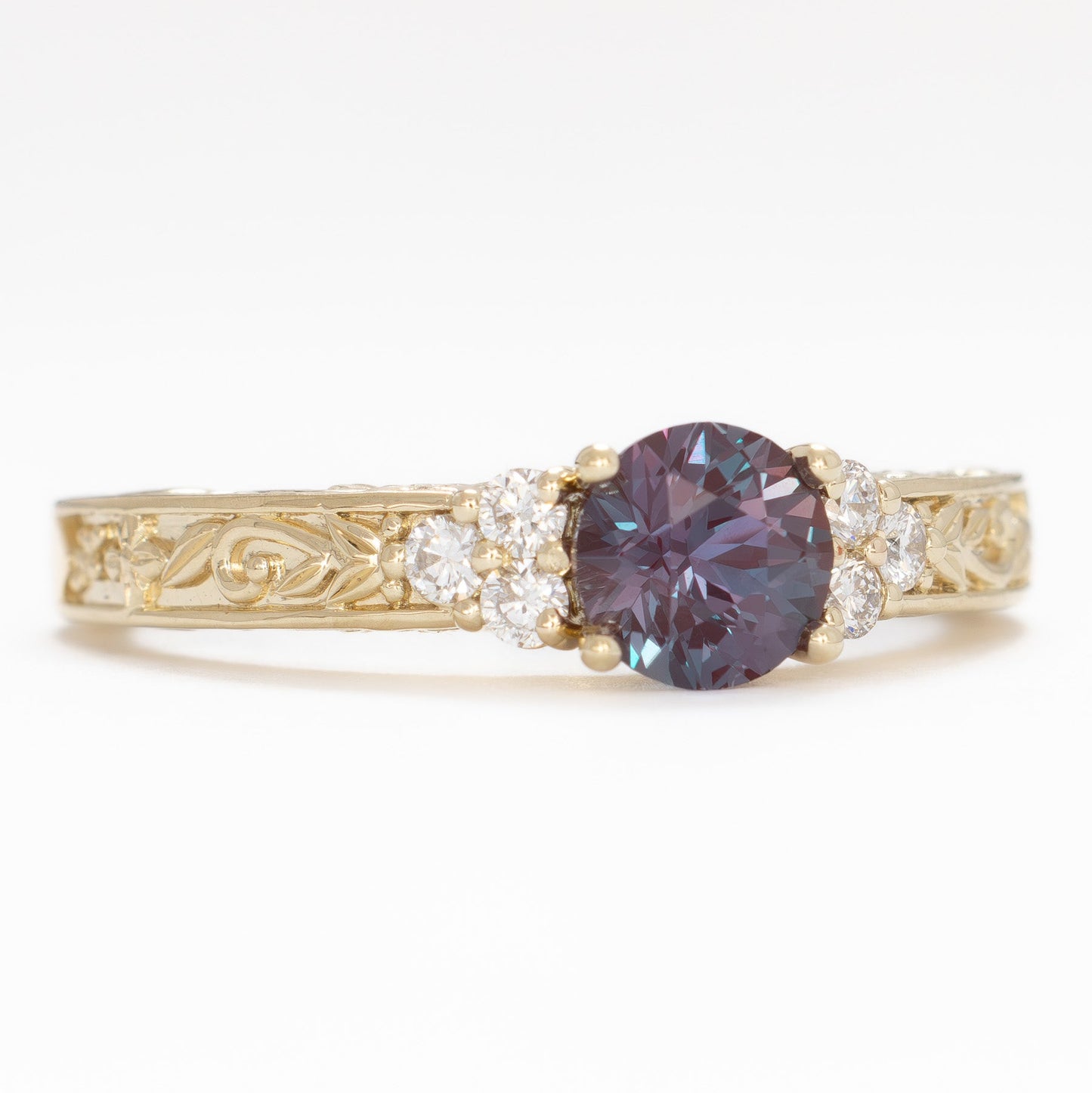 alice nature inspired ring in yellow gold with round lab alexandrite