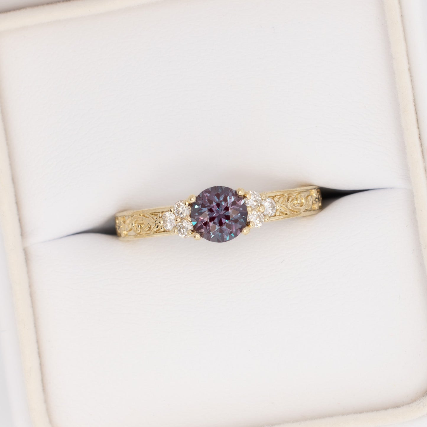 alice nature inspired ring in yellow gold with round lab alexandrite