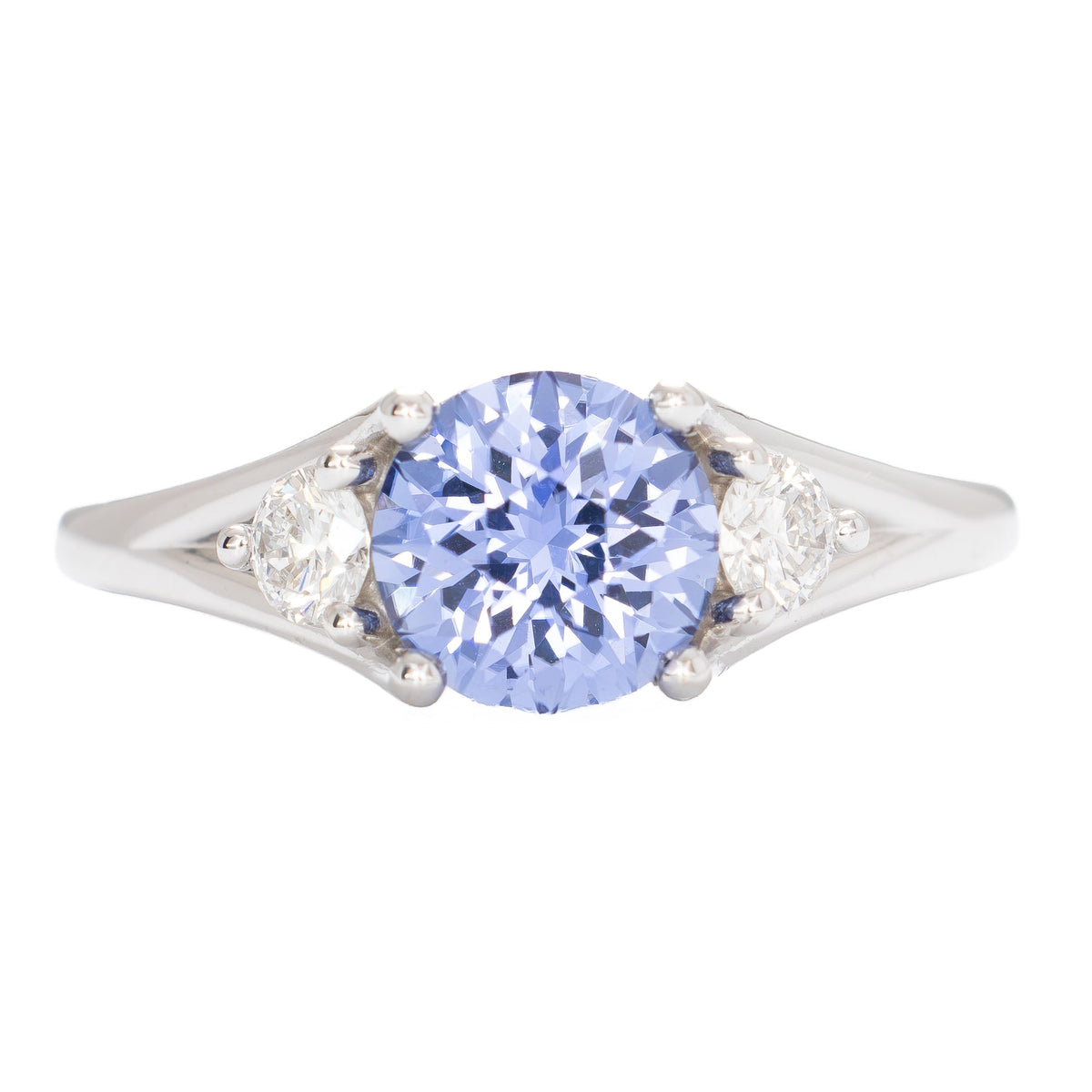 anastasia three stone ring in white gold with round periwinkle blue lab sapphire