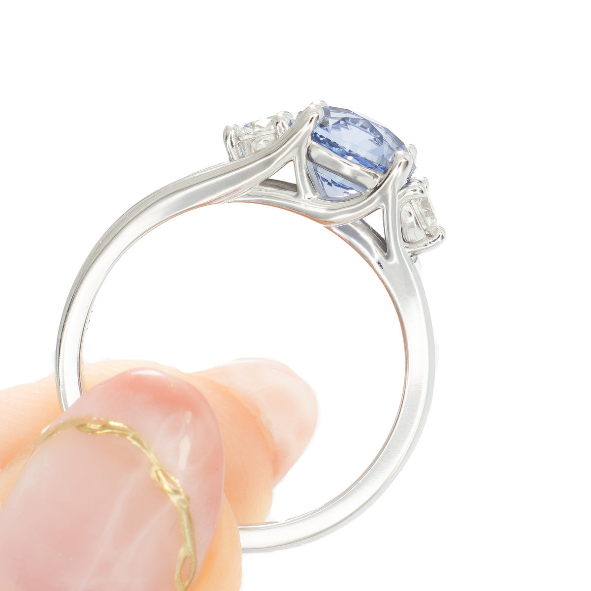 anastasia three stone ring in white gold with round periwinkle blue lab sapphire