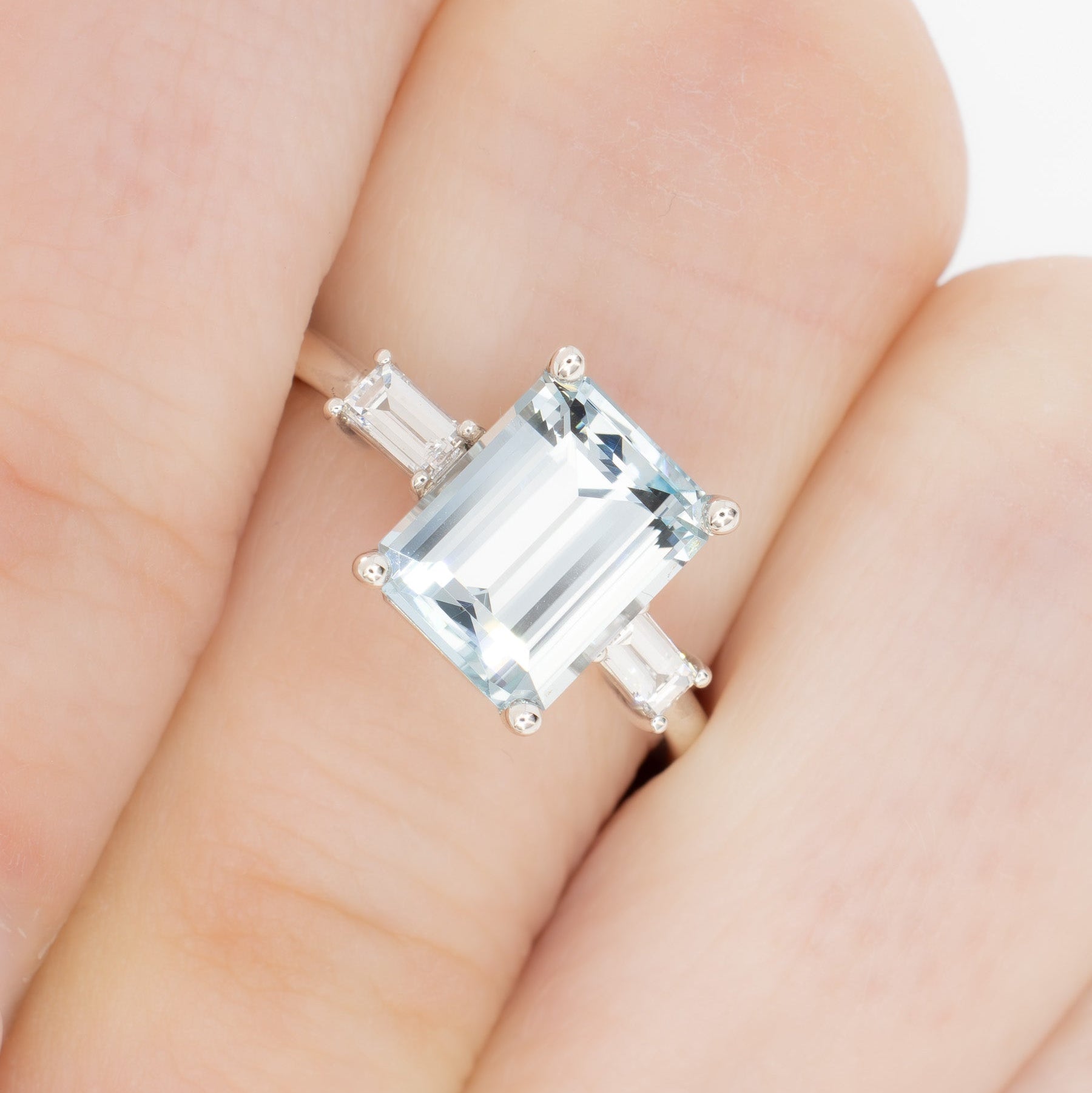 annie three stone ring with step cut blue lab sapphire