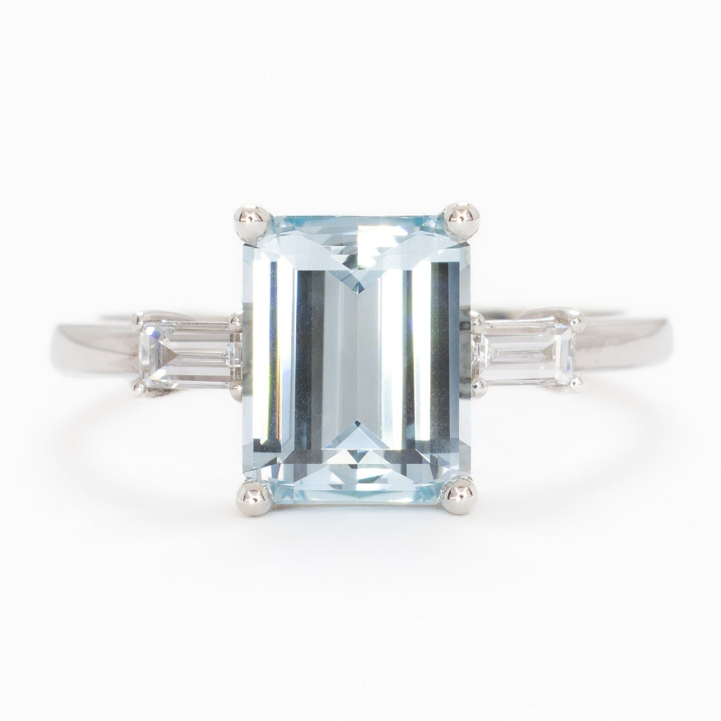 annie three stone ring with step cut blue lab sapphire