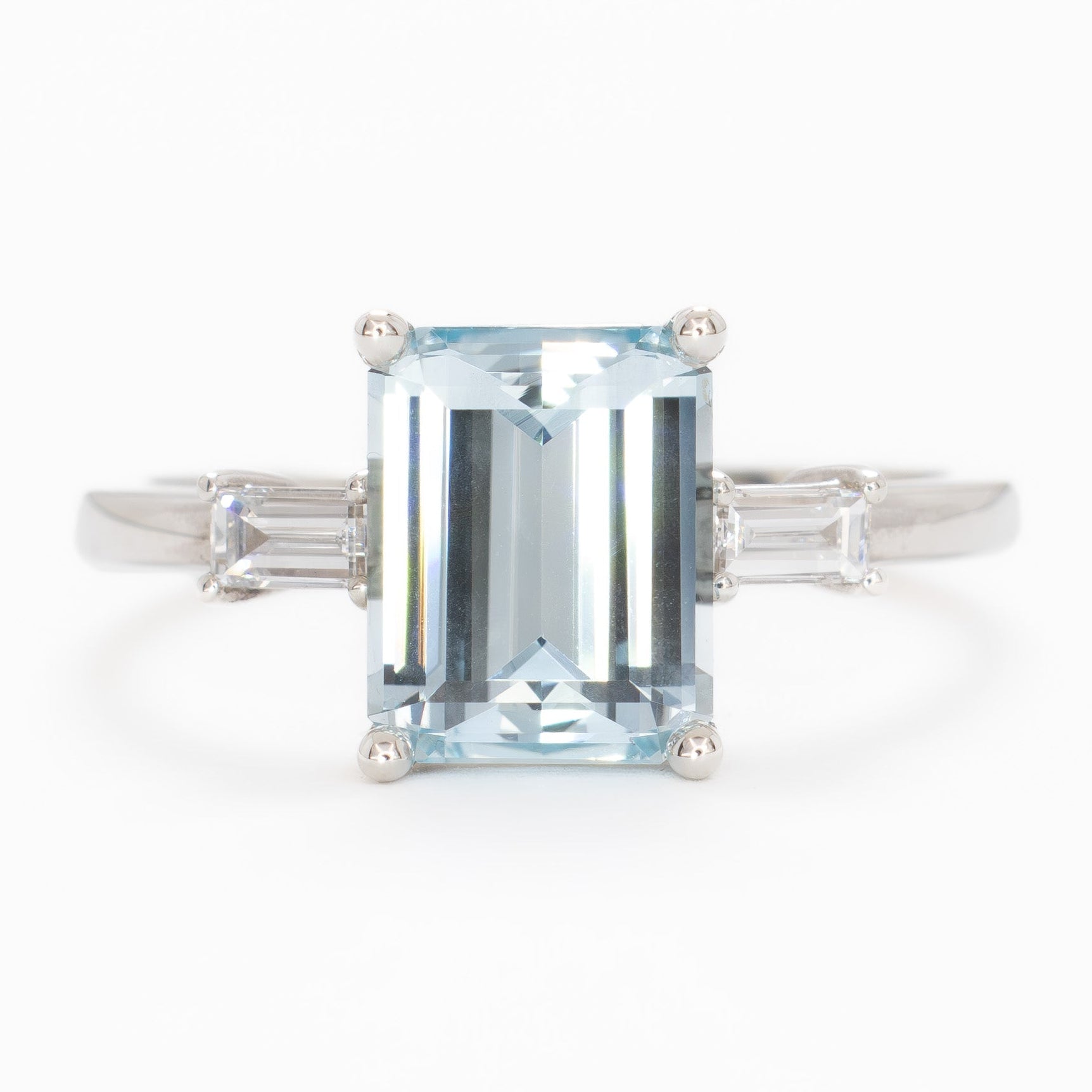 annie three stone ring with step cut blue lab sapphire
