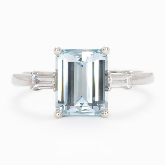 annie three stone ring with step cut blue lab sapphire