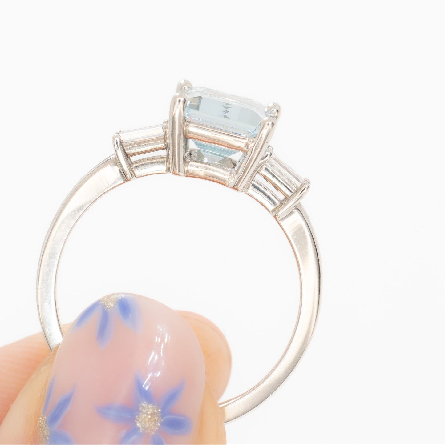annie three stone ring with step cut blue lab sapphire