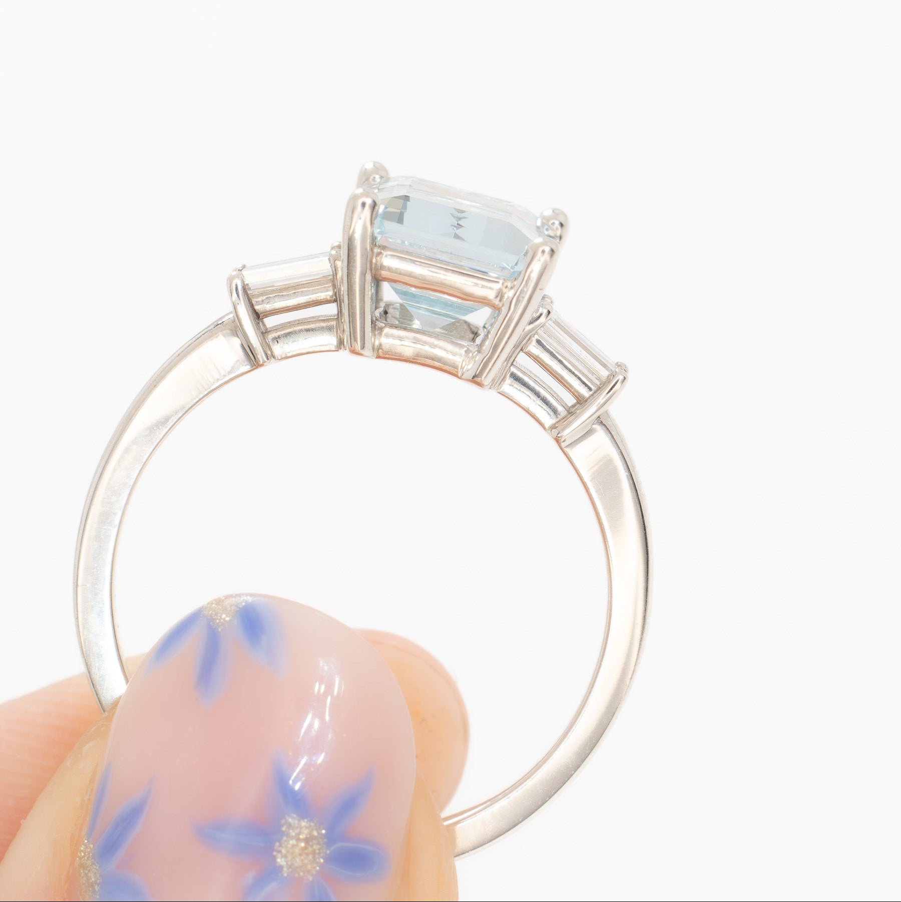 annie three stone ring with step cut blue lab sapphire