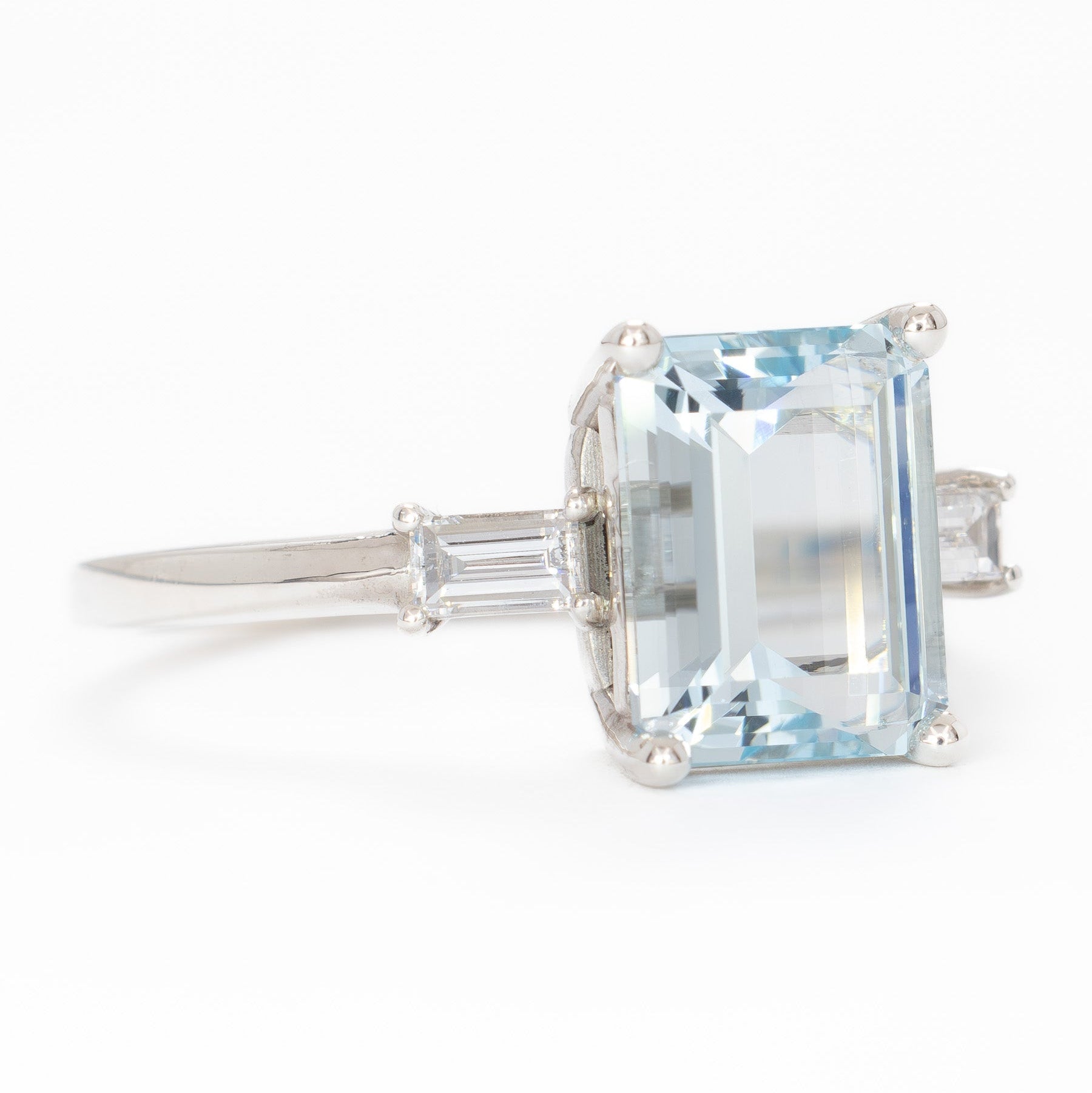 annie three stone ring with step cut blue lab sapphire