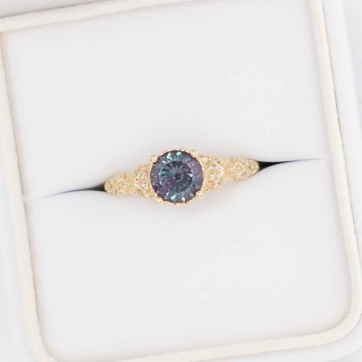 arabella engagement ring in yellow gold with round lab alexandrite