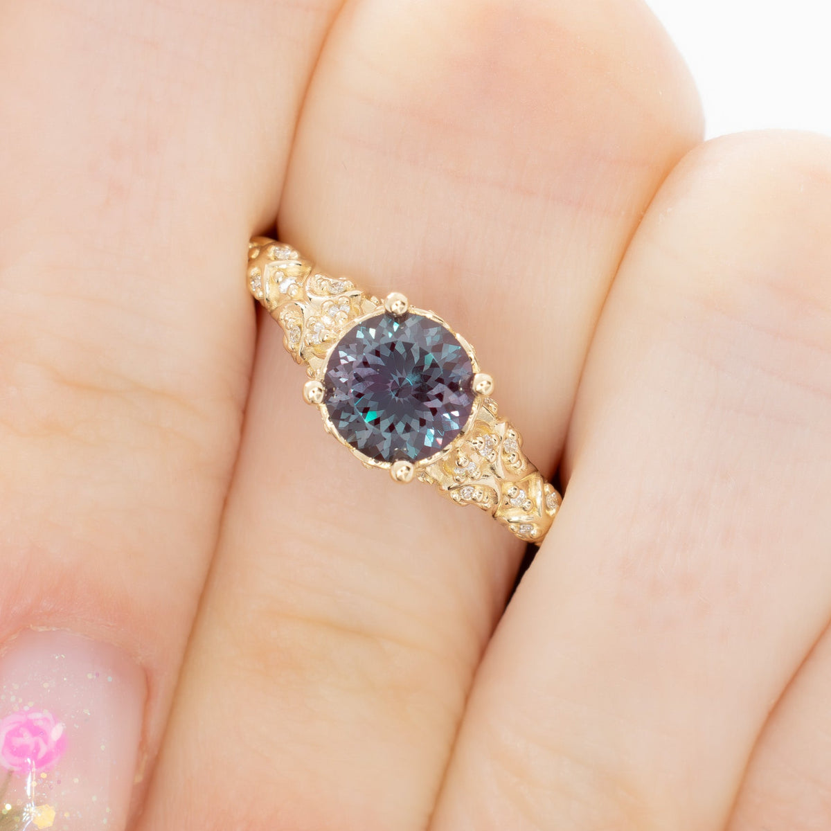 arabella engagement ring in yellow gold with round lab alexandrite