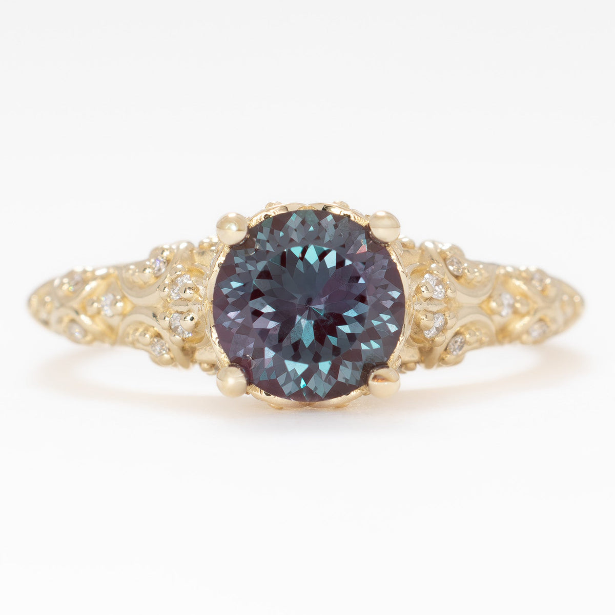 arabella engagement ring in yellow gold with round lab alexandrite