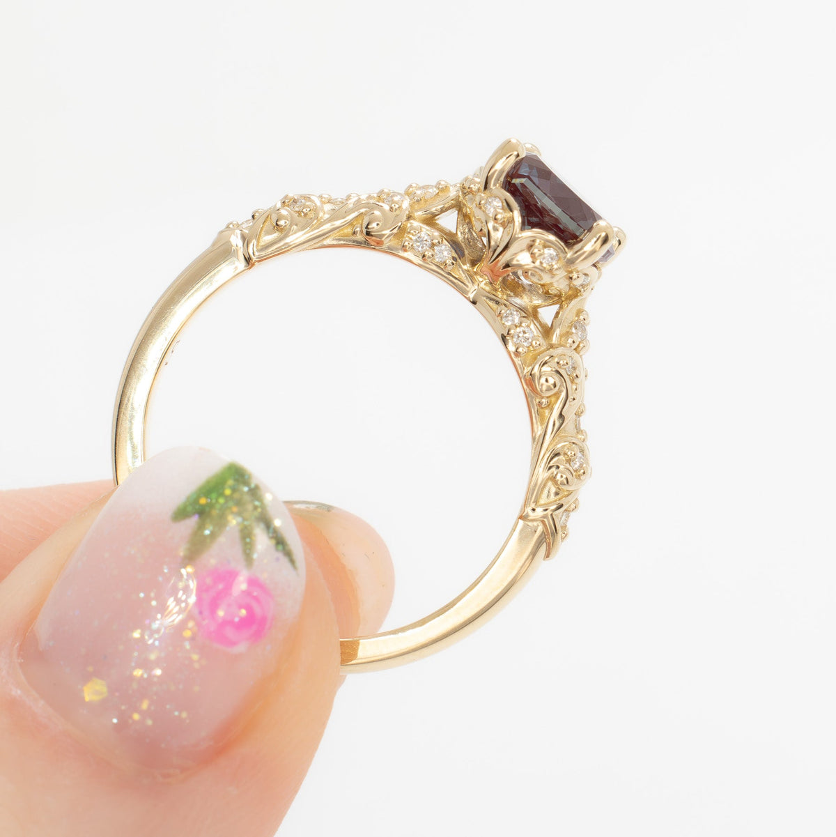 arabella engagement ring in yellow gold with round lab alexandrite