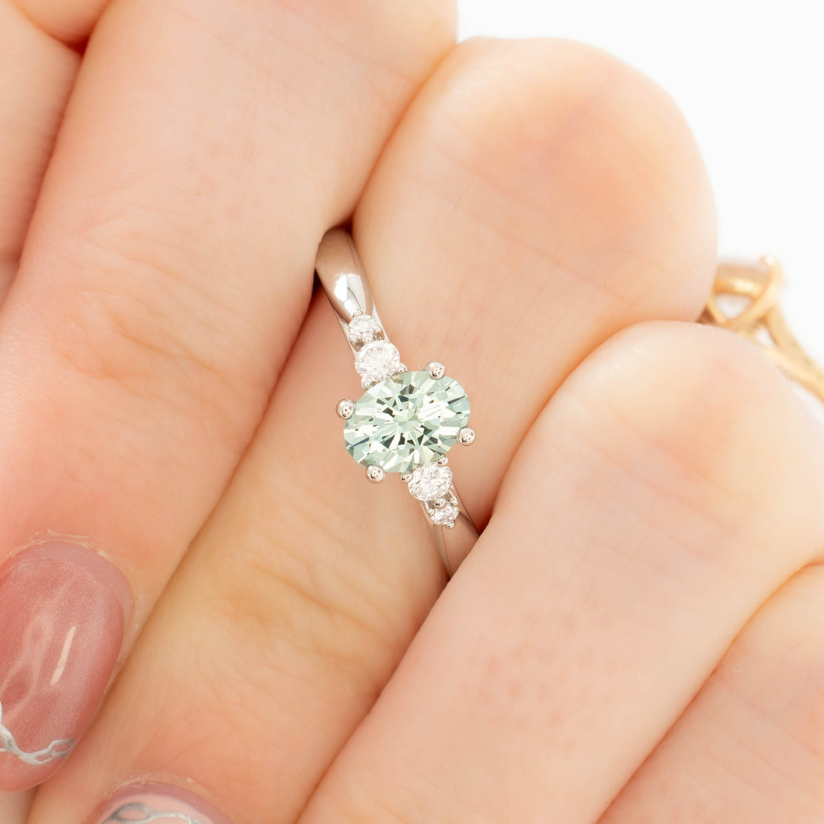 ariel accented engagement ring in white gold with oval green lab sapphire
