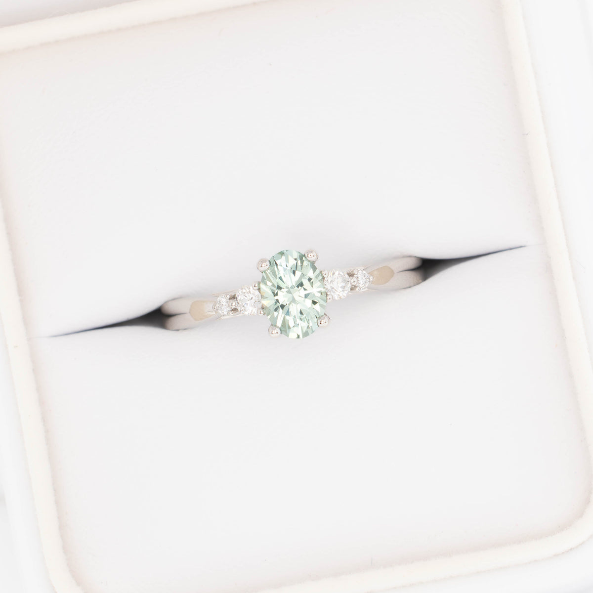 ariel accented engagement ring in white gold with oval green lab sapphire