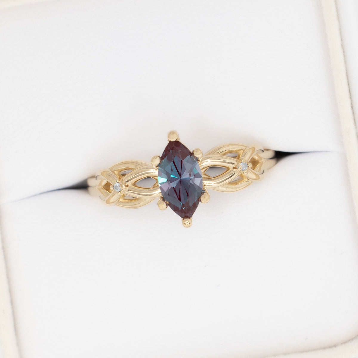 ashwini accented engagement ring in yellow gold with marquise lab alexandrite