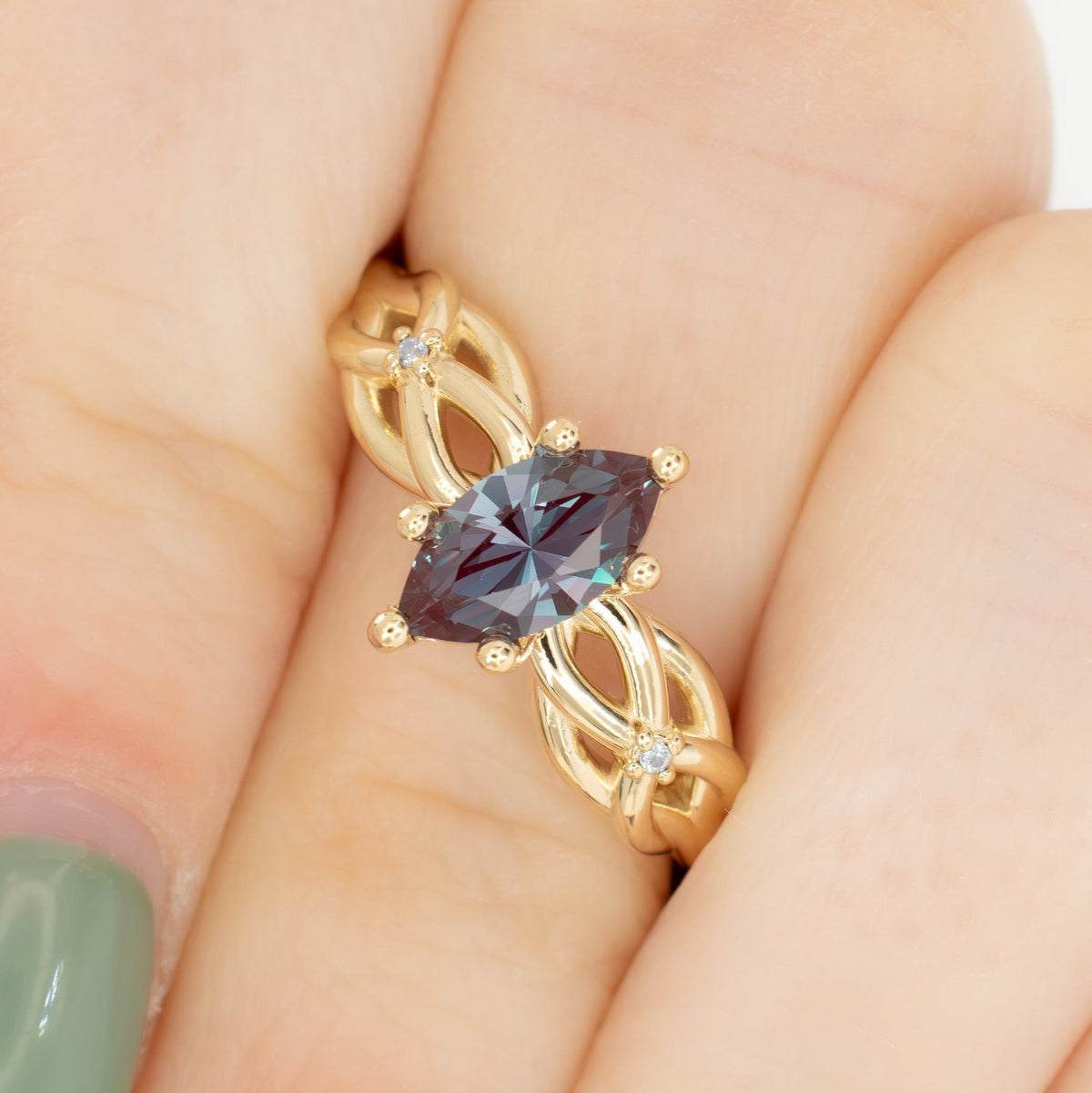 ashwini accented engagement ring in yellow gold with marquise lab alexandrite