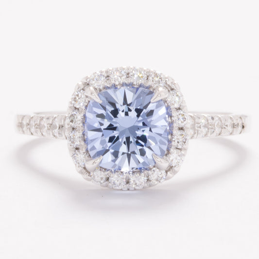 athena halo engagement ring with cushion blue lab sapphire