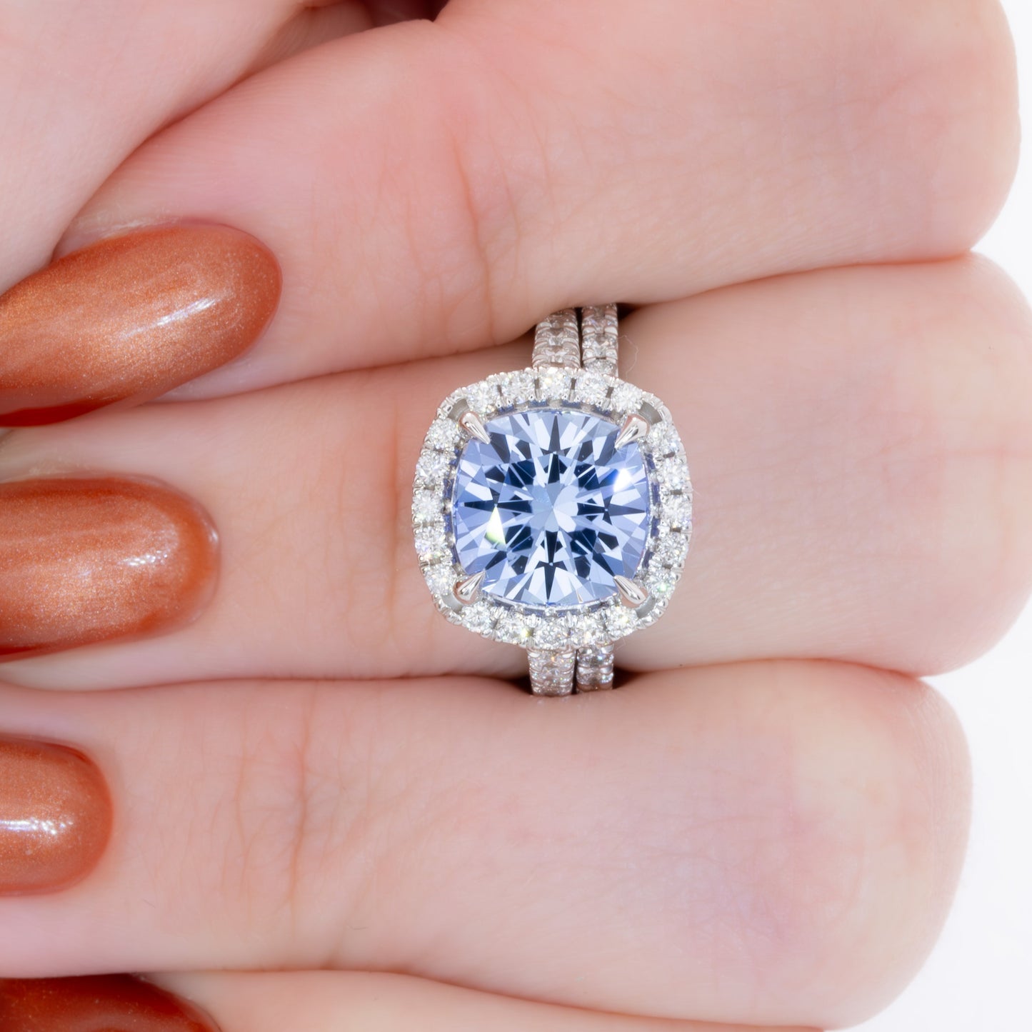 athena wedding set in white gold with cushion blue lab sapphire