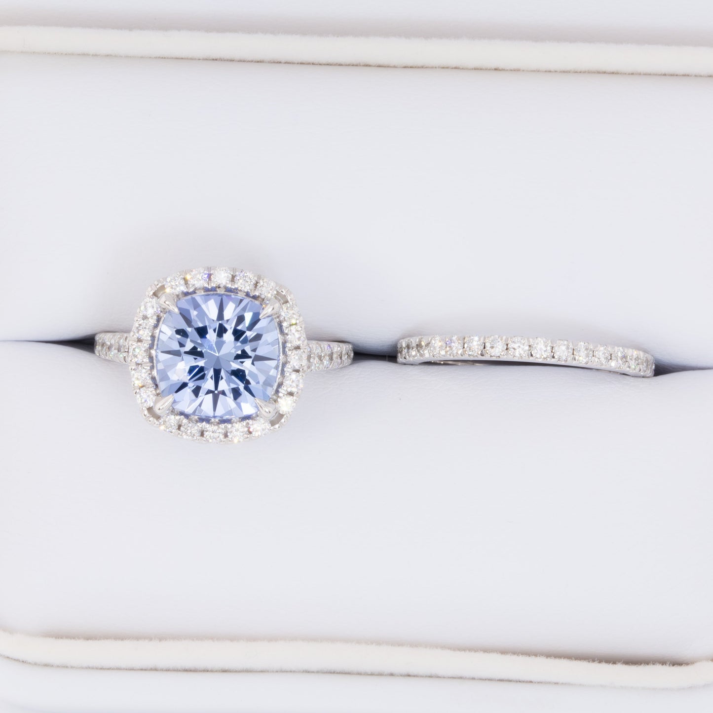 athena wedding set in white gold with cushion blue lab sapphire