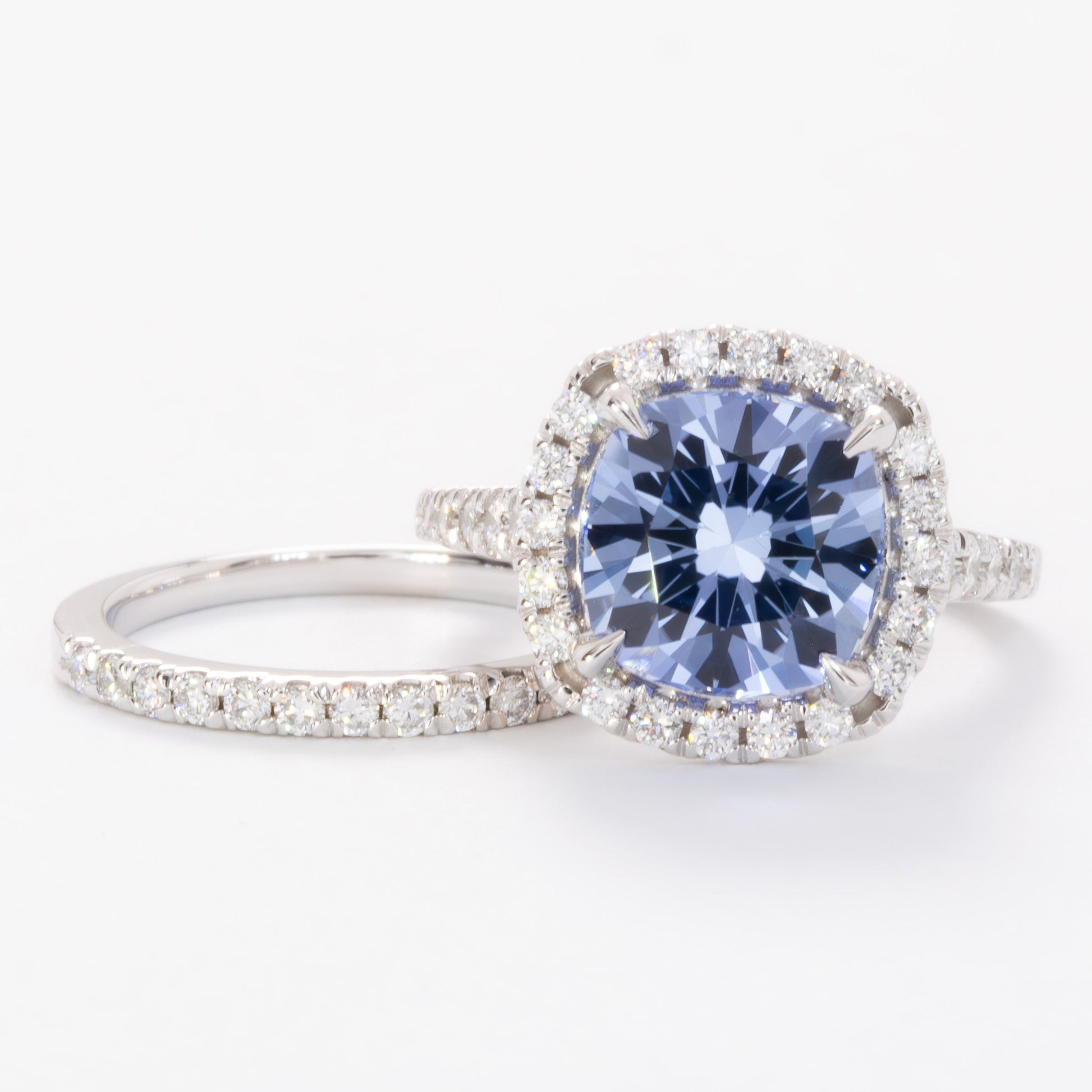 athena wedding set in white gold with cushion blue lab sapphire