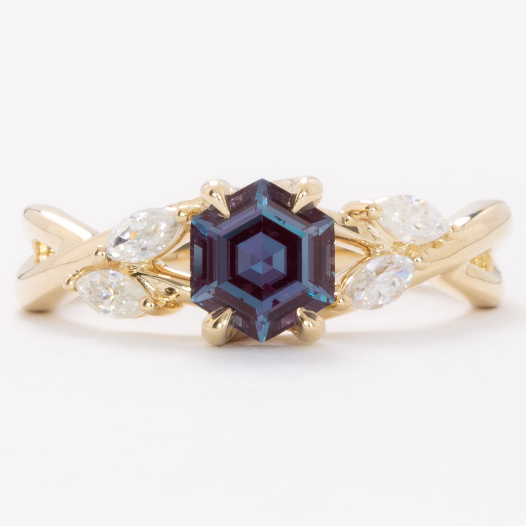 avani nature inspired engagement ring with hex cut lab alexandrite