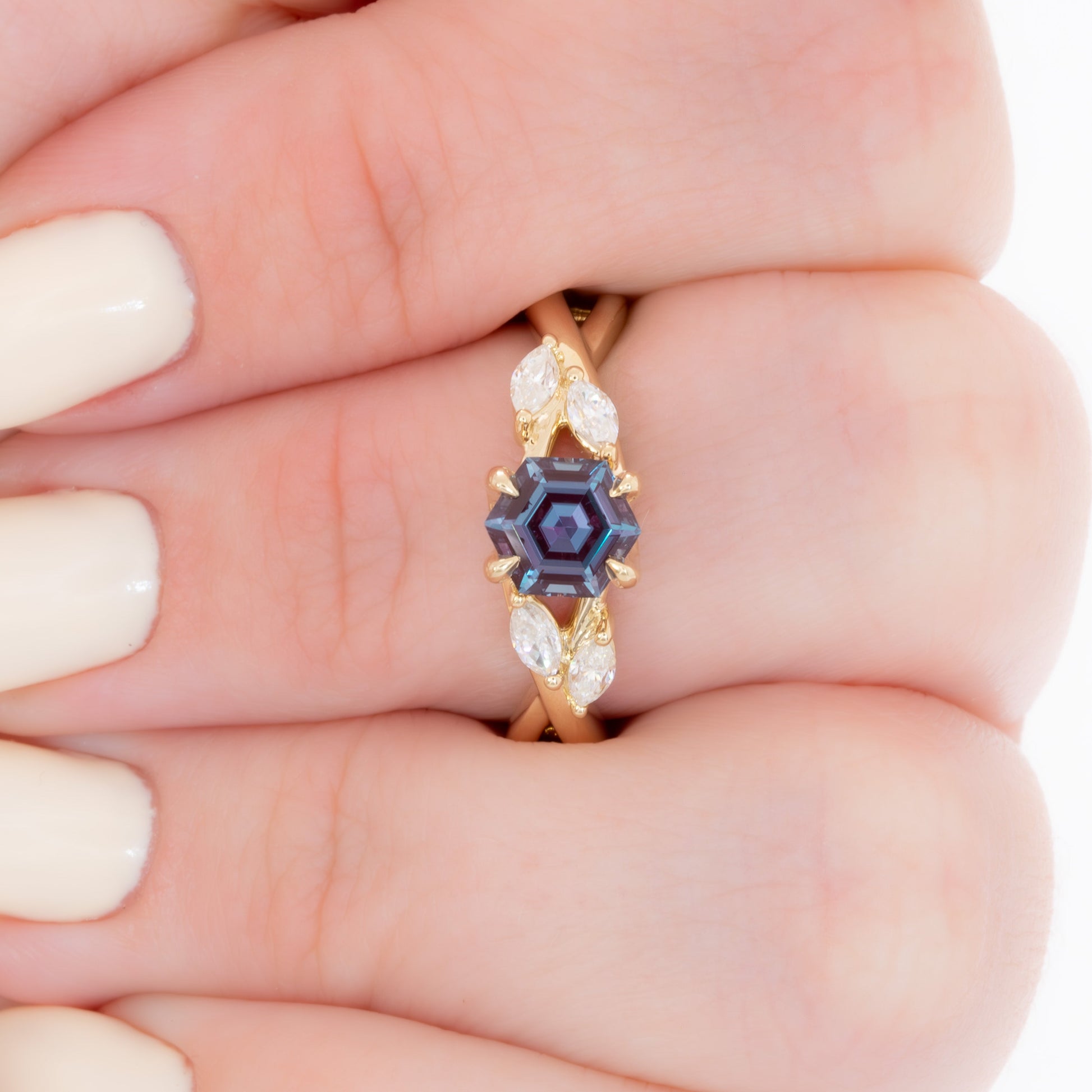avani nature inspired engagement ring with hex cut lab alexandrite