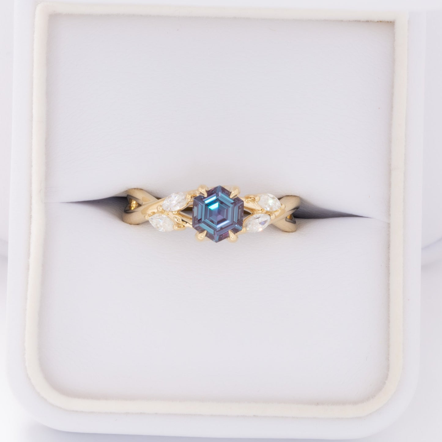 avani nature inspired engagement ring with hex cut lab alexandrite