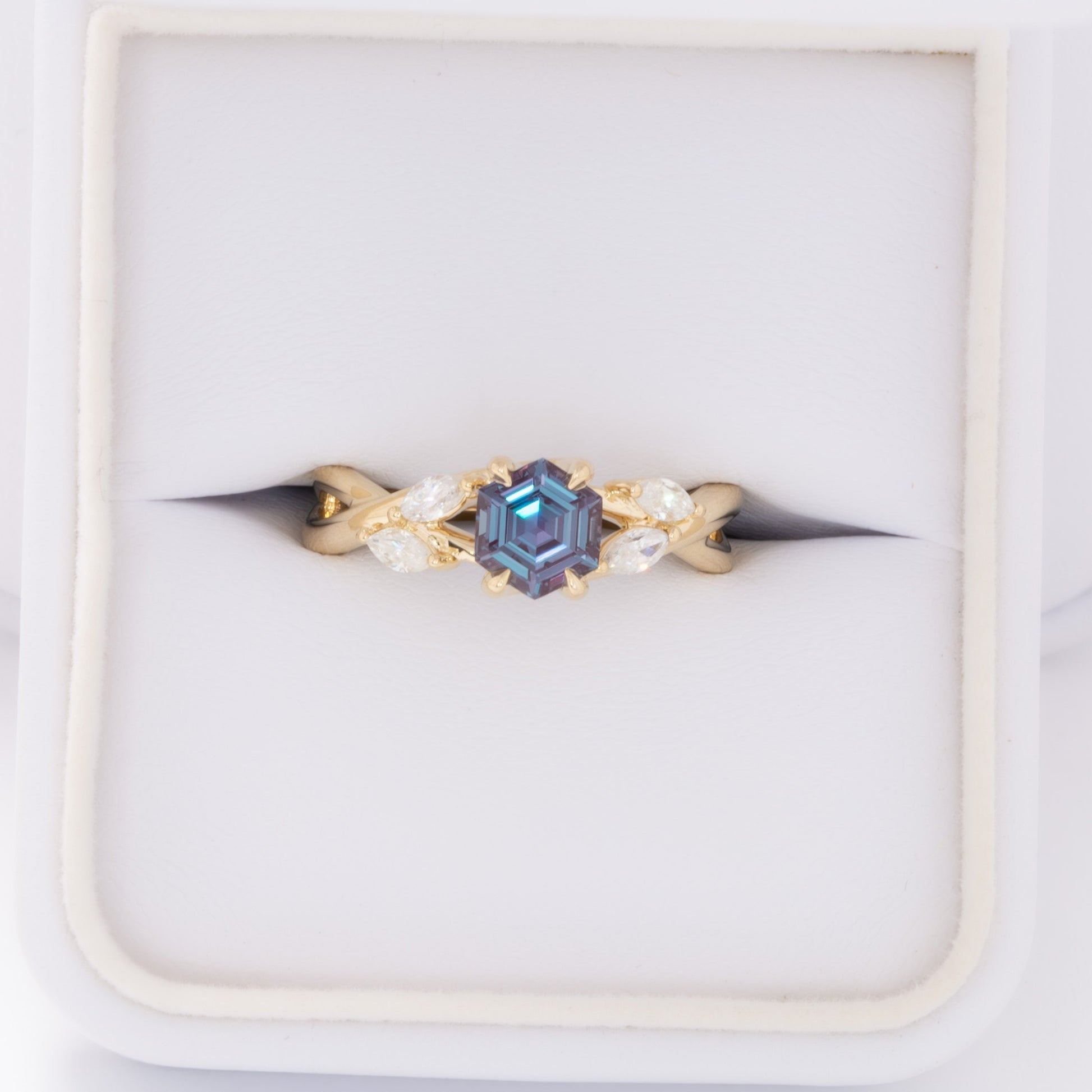 avani nature inspired engagement ring with hex cut lab alexandrite